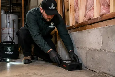 Superior Pest Control technician placing a rodent trap in a basement