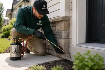Superior Pest Control technician treating a foundation perimeter for ants