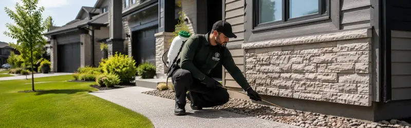 Superior Pest Control technician performing an exterior home treatment in Edmonton.