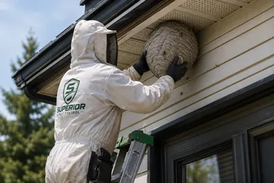 Superior Pest Control technician in a bee suit removing a wasp nest