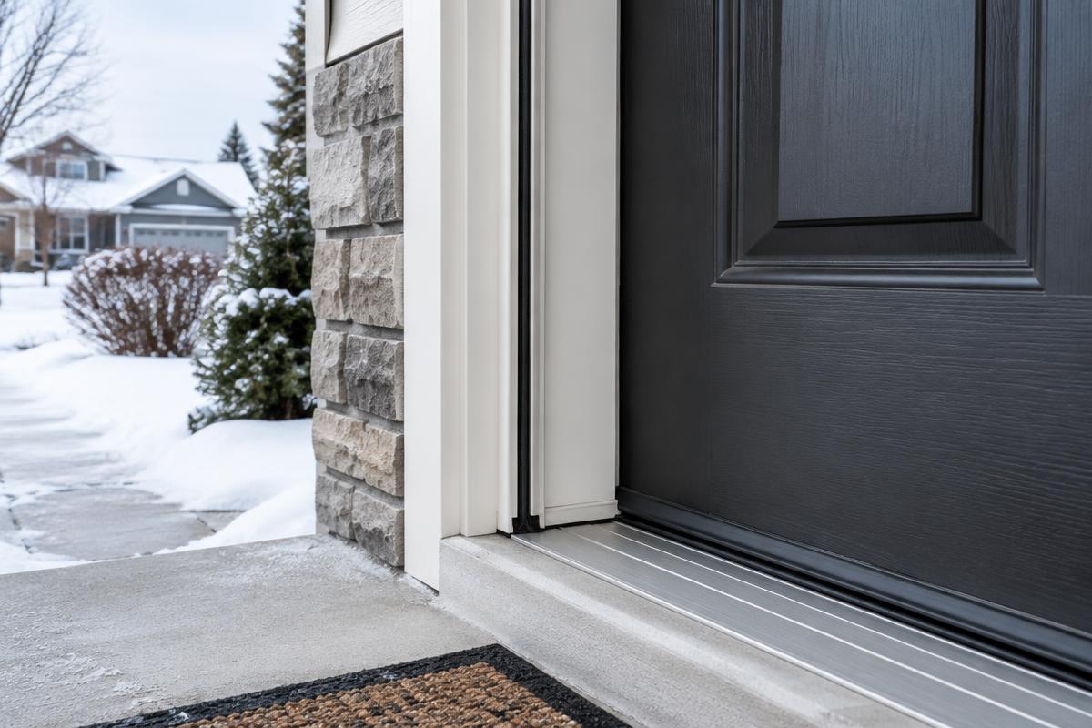 Illustrative winter doorway with a door threshold, weatherstripping and snow outside